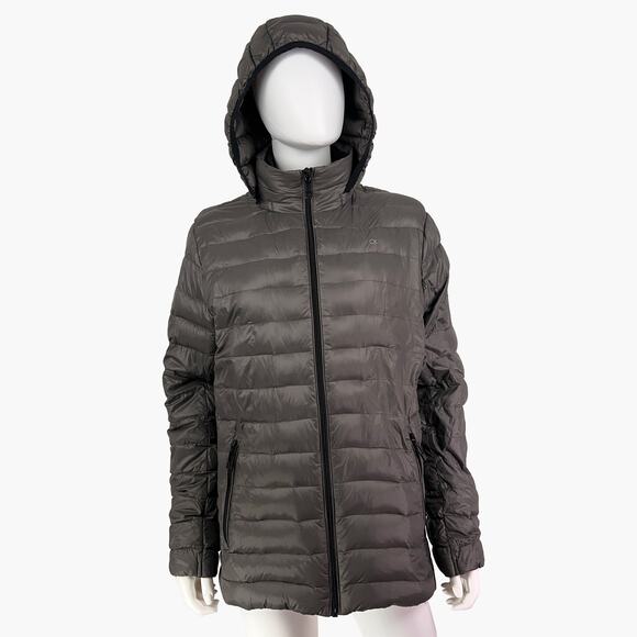CALVIN KLEIN Detachable Hood Packable Down Puffer Jacket (GrayMedium)